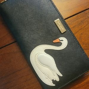 RARE Kate Spade Leather Swan Around Black Neda Zip Around Wallet 14k Gold Accent